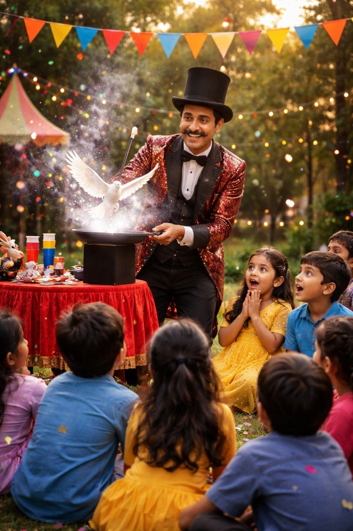 Professional kids magician performing at birthday party